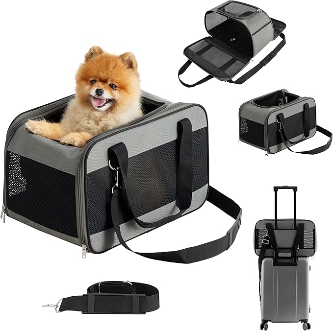Lesure Cat Dog Carrier Airline Approved - Dog Carrier for Small Dogs Collapsible Soft Side TSA Approved Travel Pet Carrier for Car, Grey, 17.5x11x11