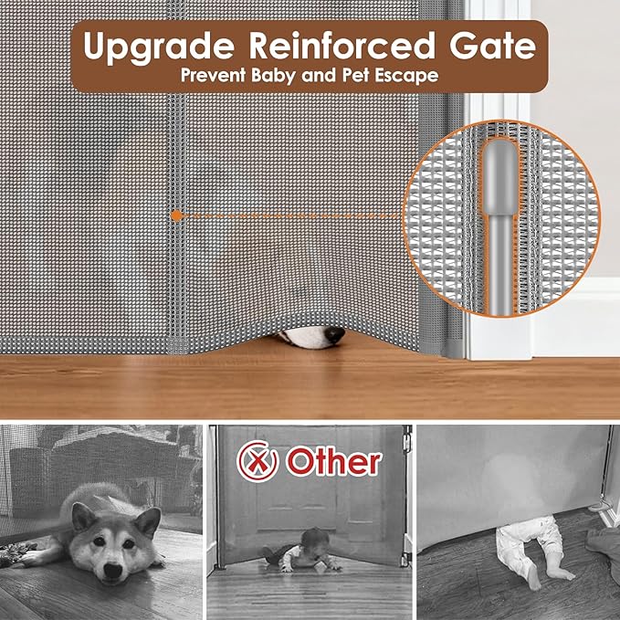Reinforced 48" Extra Tall X 100" Extra Large Baby Gates for Wide Openings Long Dog Gate for Doorway Mesh Gates for Pets Retractable Dog Gate Indoor/Outdoor Tall Baby Gate for Cats, Gray