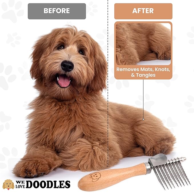 We Love Doodles Dog Dematting Brush & Rake, Hair Brush for Dogs, Made in the USA & Detangler Spray - Stainless Steel Blades, No Pulling, All Hair Types, Promotes Circulation, All Breeds, Ages