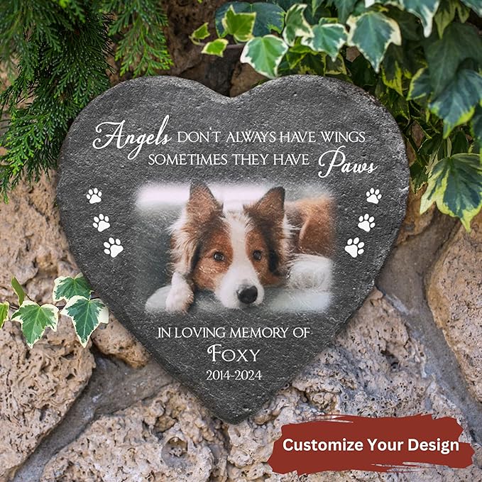 Wrappiness Pet Memorial Stone - Angels Sometimes Have Paws, Personalized Dog Memorial Gifts, Remembrance Condolences Bereavement Gifts for Loss of Pet Custom Photo (Heart 03, Stone)