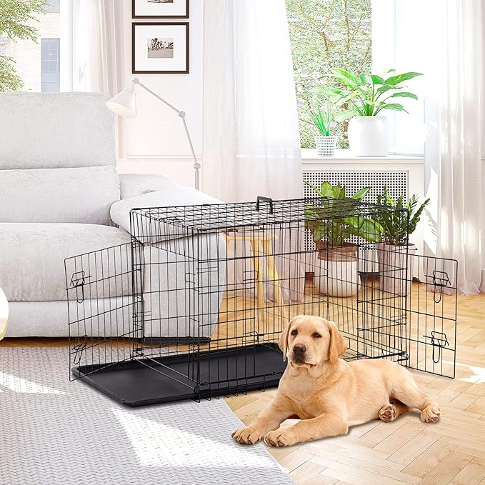HCY, Dog Crate, Dog Kennel 48 Inch Double Door Metal Crate Foldable Puppy Supplies Cage with Divider Panel, Handle, Plastic Tray for Pet Animals Outdoor Indoor (48 Inch) ,Black, 48In