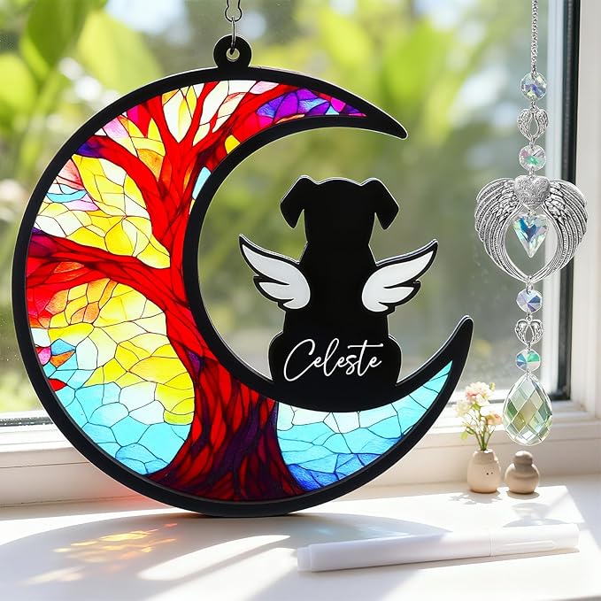 Dog Memorial Gifts - Memorial Suncatcher Set with Acrylic & Crystal Suncatchers, Pet Loss Sympathy Gift (Angel Dog)