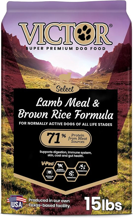 VICTOR Super Premium Dog Food – Lamb Meal & Brown Rice Formula - Gluten-Free Dry Dog Food for All Normally Active Dogs of All Life Stages – Ideal for Dogs with Meat Protein Allergies, 15 lb
