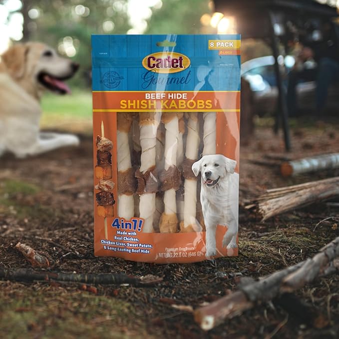Cadet Gourmet Shish Kabob Dog Chews for Large Dogs, Rawhide Treats with Chicken and Sweet Potato, Healthy & Natural Beef Hide, 10-Inch Sticks, 2 Count