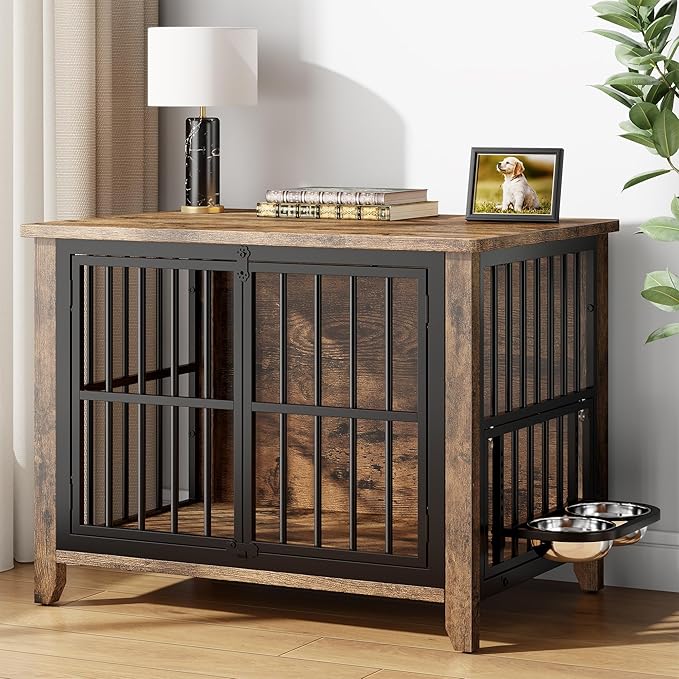 31.5" Dog Crate Furniture, Wooden Dog Kennel Indoor with 360° Rotating Feeder and 2 Adjustable Bowls, Decorative Side End Table Dog Cage for Medium and Small Dogs, Rustic Brown