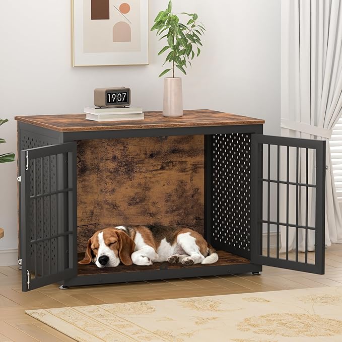 38" Heavy Duty Dog Crate Furniture for Large and Medium Dogs,Wooden Metal Kennel for High Anxiety Dogs, Chew Proof Pet Cage Indoor, Decorative Dog Kennel End Table