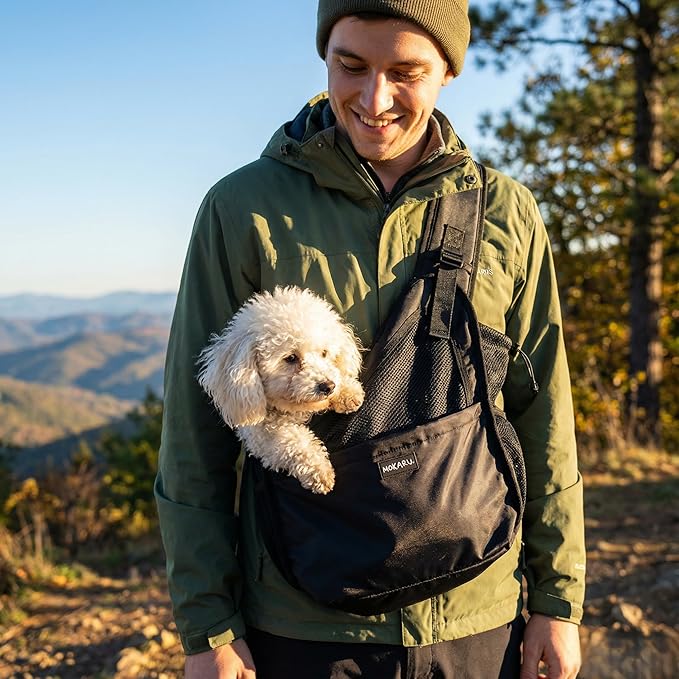 Small Dog Sling Carrier Bag, Hands-Free Dog Carrier Sling with Safety Buckle, Breathable Mesh, Adjustable Strap, Padded Back, Storage Pockets, Pet Carrier for Dogs, Cats, Puppies up to 8–10 lbs