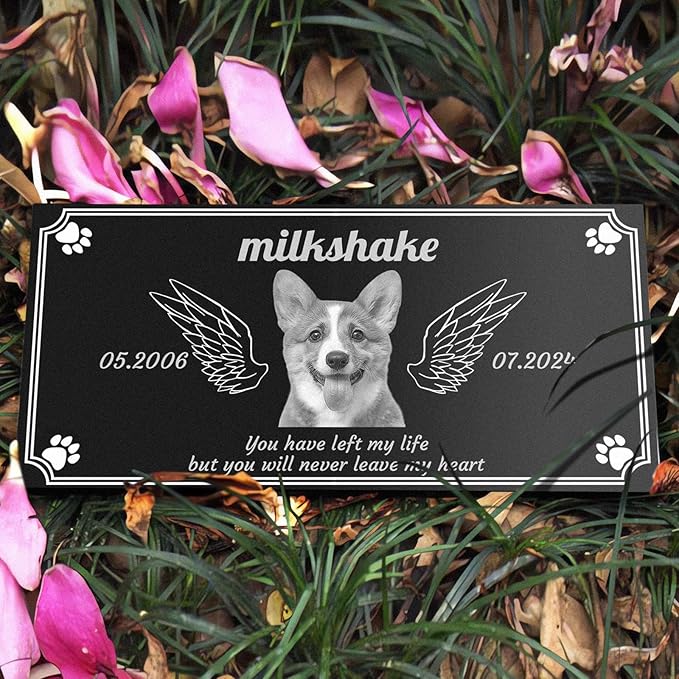Generic Personalized Pet Memorial Stones,Dog Headstones, Cat Tombstone Outdoor, Black Granite Memorial Garden Stone Engraved with Photo, Pet Headstone Sympathy Gifts (for Pets) (Dog-2)