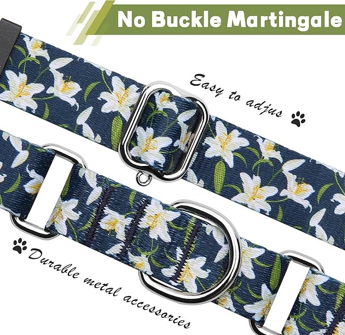 Hikiko Martingale Collar with No Buckle Cute Girl Female Floral Dog Collars for Large Dogs,Lily,L