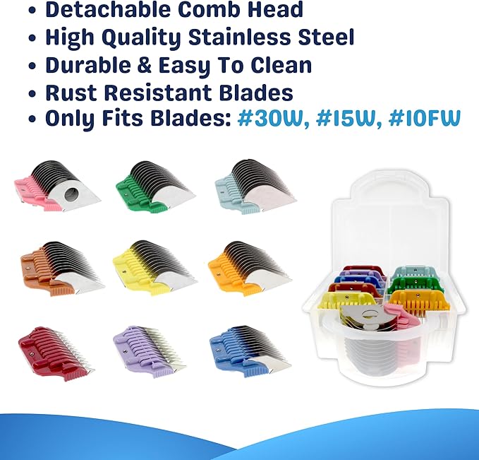 9 Wide Hair Clipper Guard Attachment Set Fits for A5 Type Blade with Colorful Coded System| Extra Long Stainless Steel Blade for Professional Stylists (Set of 9)