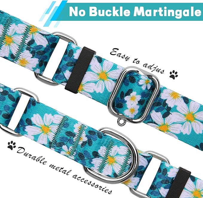 Hikiko Martingale Collar for Dogs with No Buckle Floral Daisy Dog Collar Soft Nylon No Pull Dog Collars for Extra Small Dogs,Green Flower,XS