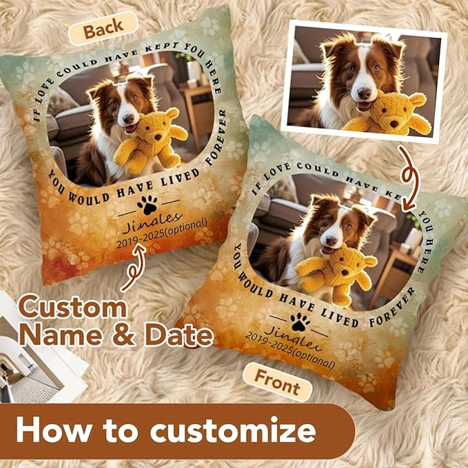 Bemaystar Personalized Pet Memorial Gifts for Dogs Pillow with Pet Photo, Dog Memrial Gifts for Loss of Dog, Loss of Pet Sympathy Gift Dog Cat Memorial Gifts (Double Side)