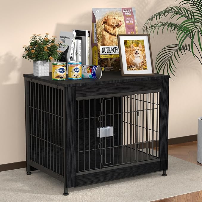 Furniture Style Dog Crate, 27" Wooden Dog Kennel End Table with Solid Top, Indoor Pet Crate House with Secure Slide Lock, Modern Dog Cage Furniture for Small & Medium Dogs, Black