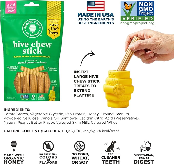 Dental Chew Sticks for Dogs 2-Pack, 7 oz Each – Large (M/L) – Textured Dental Treats, Fit Hive Toys – Vegetarian, Made with Ground Peanuts & Honey, No Grain or Soy, Cleans Teeth & Freshens Breath