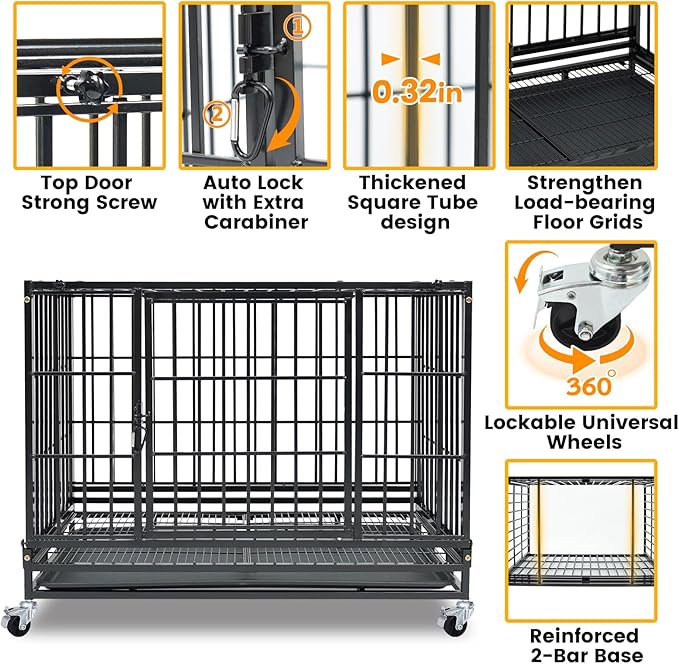 9-Pack 36 inch Stackable Heavy Duty Dog Crate, Metal Escape Proof Dogs Cage Kennel with Lockable Wheels, Removable Tray & Metal Grid, Top Access for High Anxiety Dogs Medium/Small Dogs