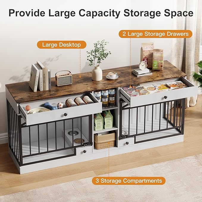 IDEALHOUSE 78.7" Double Dog Crate Furniture with Storage and 2 Doors, Dog Kennel Indoor with Feeding Bowls, Wood Dog Crate TV Stand for Small Medium Dogs, White