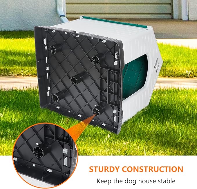 Large Plastic Dog House Indoor Outdoor Doghouse Dog Kennel Easy to Assemble Puppy Shelter with Air Vents Elevated Floor Waterproof Green