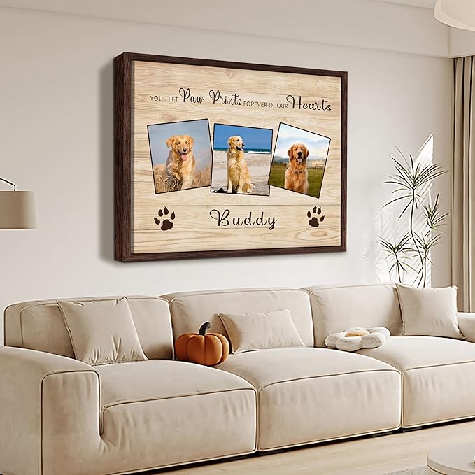 Custom Pet Memorial Gifts for Loss of Dog, Leave Paw Prints on Our Hearts, Dog Loss Sympathy Gift for Dog Cat Lovers Owners, Personalized Paw Prints Canvas with Photo and Name
