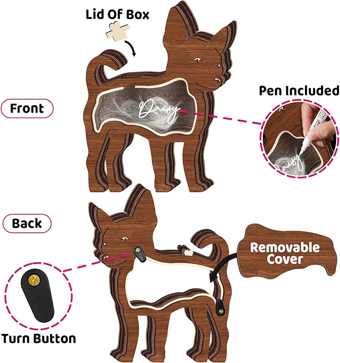 9" Chihuahua Dog Hair Keepsake Box, Wooden Pet Urns for Dogs, DIY Pet Loss Sympathy Gifts, Unique Gift Dog Shape Standable Table Decor, Idea Gift for Pet Lover Storing Fur Teeth Ashes PSD16-7L