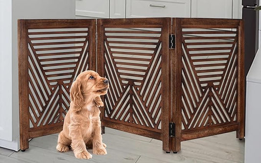 Lightnpro Geometric Wooden Dog Gate - Stylish Freestanding Foldable Indoor Pet Barrier, Extra-Wide Safety Gate for Dogs & Small Pets, Perfect for Stairs & Entryways - 24x54 Inch Natural Burnt Finish