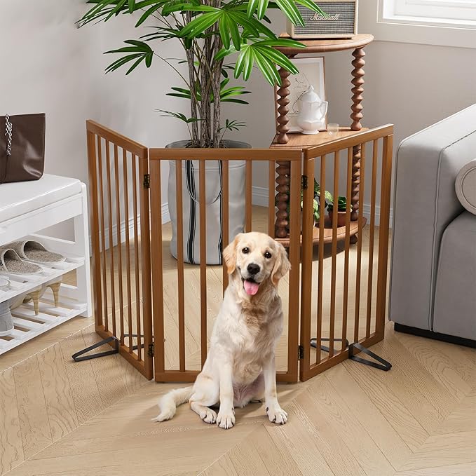 Semiocthome Freestanding Dog Gate 32" Tall, 3-Panel Foldable Dog Gates for Doorways Stairs House, Pet Gate Indoor with 2 Metal Stands, Walnut