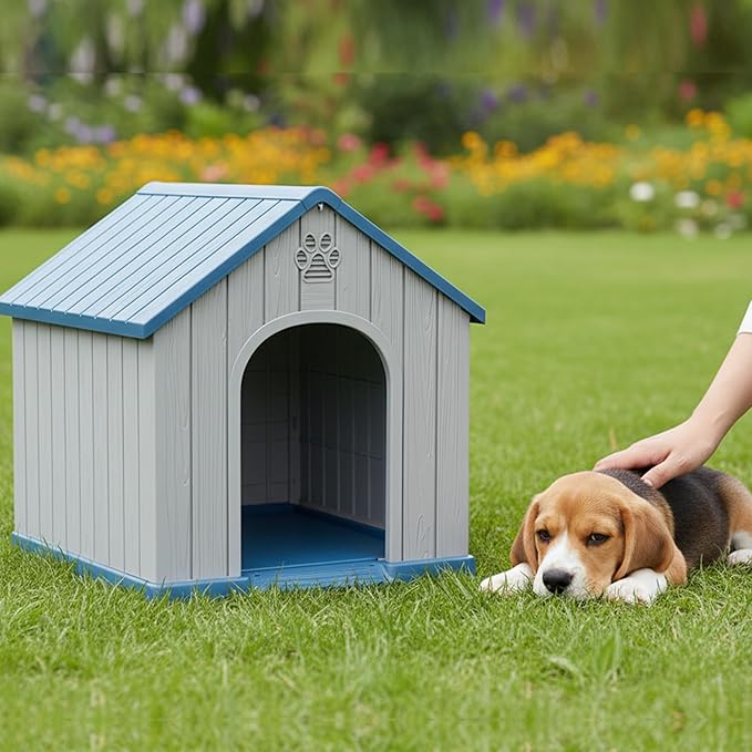 DRATO Indoor & Outdoor Dog Houses, Resin Material Pet Shelter with Waterproof Feature and Ventilated Design,Blue