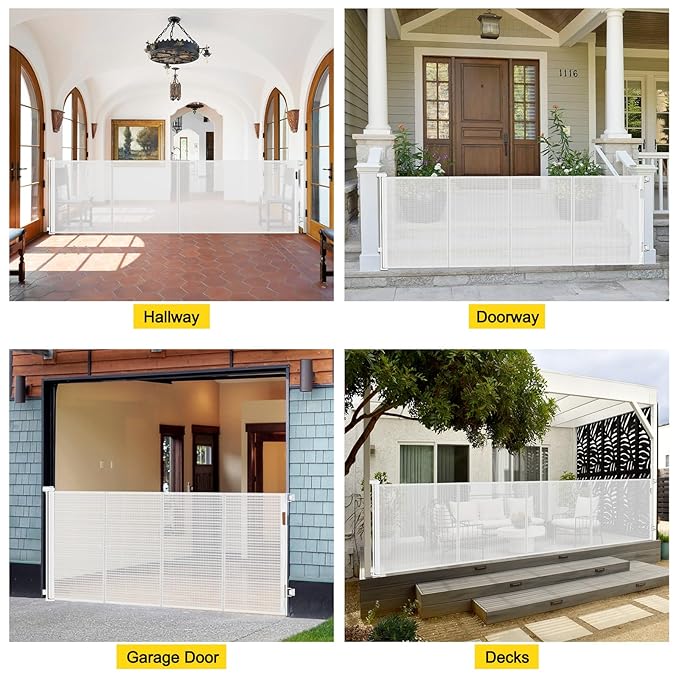 Reinforced 42” Extra Tall x 80” Wide Retractable Baby Gates with Rods to Prevent Crawling Through, Extra Tall Dog Gate for Large Openings Indoor Outdoor Long Mesh Gate for Stairs and Doorways, White