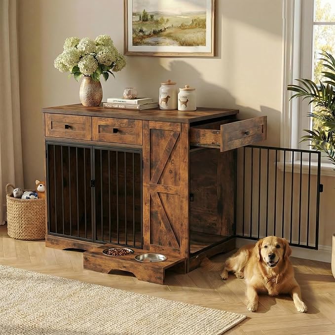 43.3" Dog Crate Furniture with Storage, Large Dog Kennel with 3 Drawers & 2 Feeding Bowls, Indoor Decorative Dog Cage for Large/Medium Dogs, Heavy Duty Dog House