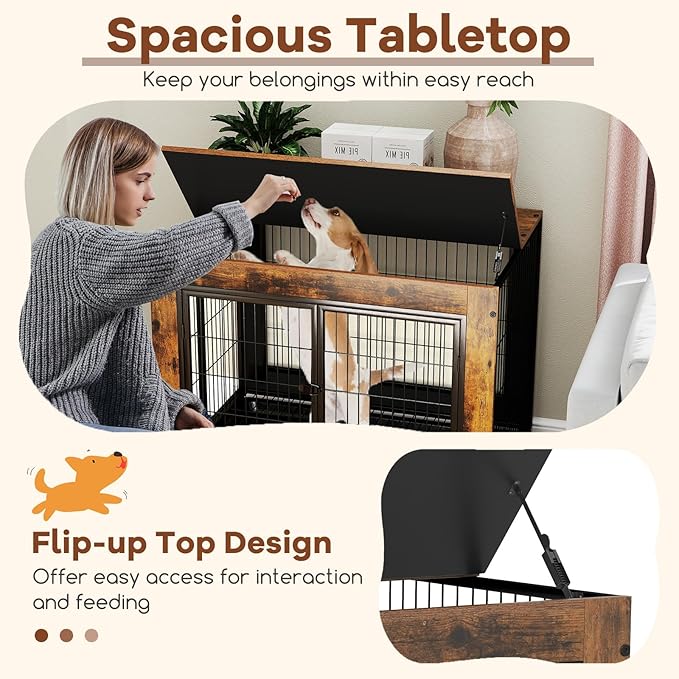PETSITE Portable Dog Crate Furniture, 38 Inch Wooden Dog Kennel Side Table with Flip-up Top, 3 Lockable Doors and Removable Tray, Ideal for Small to Medium Dogs (Rustic Brown)