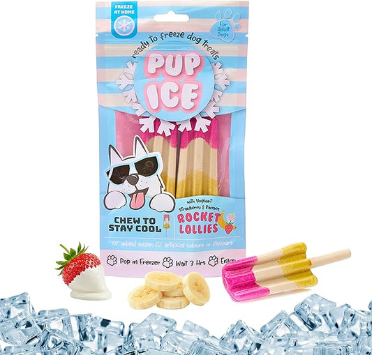 SPOT Pup Ice- Ready to Freeze at Home Dog Treats-Edible Chews for Medium Breed Dogs & Puppies with Real Chicken to Keep Your Pup Cool Year Round, Rocket Lollies Strawberry and Banana Flavor, 2pcs