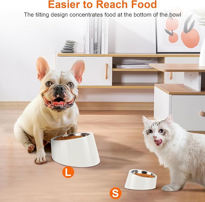 Tilted Dog Bowl Non-Slip & Non-Spill Pet Feeder with Elevated Detachable Melamine Stand, Easy to Get Food Dog Dish, L/300ml White
