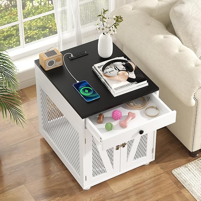 VOWNER Dog Crate Furniture, Wooden Dog Kennel End Table with USB Charging Station, Storage Drawer, Double Latched Door, Furniture-Style Crate Side Table for Small Dogs Under 25 lbs Indoor Use, White