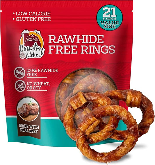 Country Kitchen Rawhide Free Beef Rings Dog Chews, Made with Real Beef, Highly Digestible, Gluten Free, 21 Count