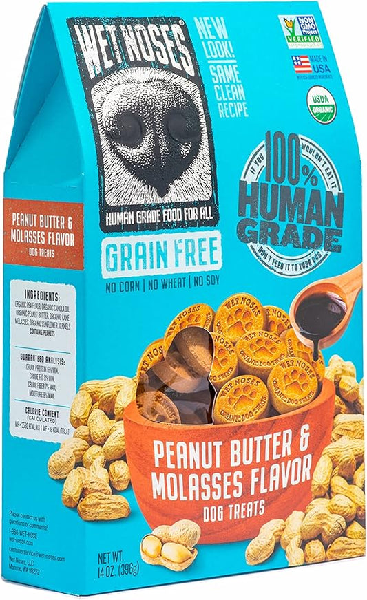 Wet Noses Organic Crunchy Dog Treats – All-Natural, Human-Grade, Non-GMO, Healthy Training & Delicious Snacks for Dogs, All Dog Sizes & Breeds – Grain Free Peanut Butter & Molasses, 14oz (Single Pack)