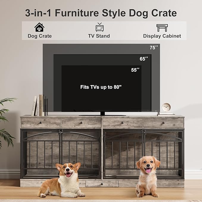 IDEALHOUSE 78.7" Double Dog Crate Furniture with Storage and 4 Doors, Dog Kennel Indoor with Feeding Bowls, Wood Dog Crate TV Stand for Small Medium Dogs, Grey