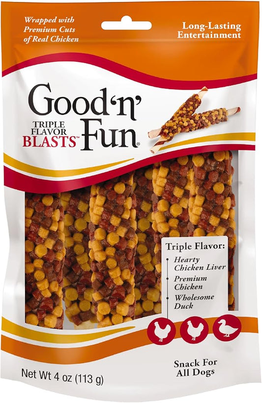 GOOD 'N' FUN Triple Flavor Blasts for All Dogs, 4 Ounces, Treat Your Dog to Long-Lasting Chews Made with Chicken Liver, Chicken & Duck