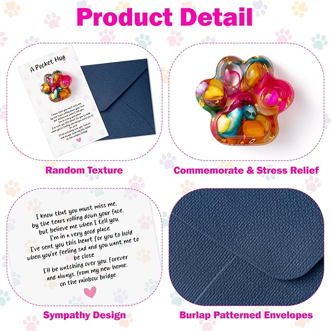 Loss of Pet Sympathy Gift - 3 Pack Colorful Mini Paw Pocket Hug with Memorial Card Envelope Remembrance Bereavement Gift Loss of Dog Cat Sympathy Favor Kid Adult Pet Lover Stress Relief Toy