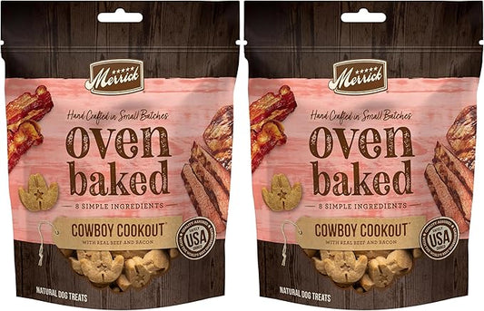 Merrick Oven Baked Natural and Crunchy Bag of Bacon Treats, Cowboy Cookout Recipe with Real Beef and Bacon - 11 oz. Bag (Pack of 2)