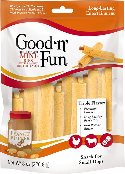 GOOD 'N' FUN Triple Flavor Mini Ribs with Peanut Butter Flavor Chews for Dogs, 8 Ounces, Treat Your Small Dog to Long-Lasting Chews Made with Chicken and Beef Hide