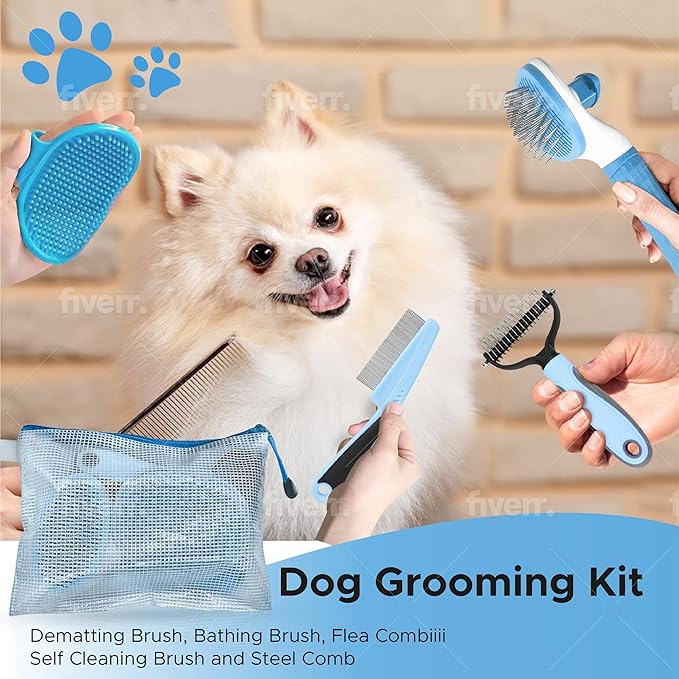 Pet Grooming Kit with Brushes, Grooming Loop Leash, Apron, Dematting Comb, Slicker Brush, Dog Bath Brush - Blue - For Short Haired Dogs