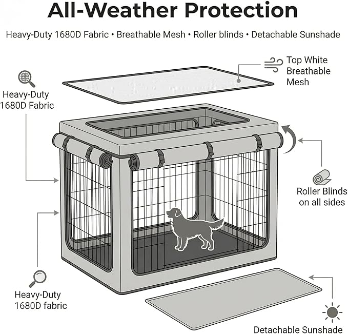 Dog Crate Cover, Heavy Duty 1680D Waterproof Oxford Cloth with Breathable Mesh & Detachable Sunshade, Universal Fit for Wire Crates, All-Weather Indoor Outdoor Use (48-Inch)
