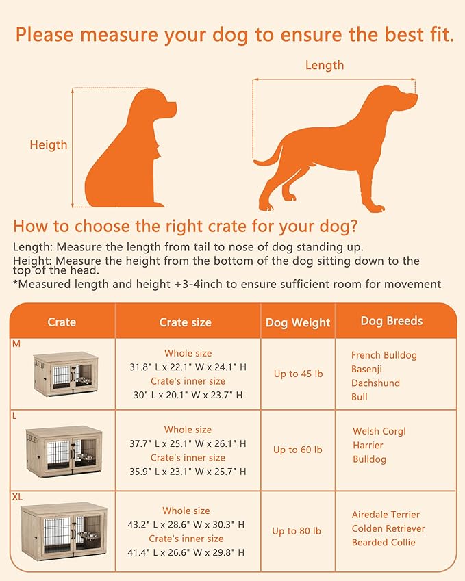 Piskyet Wooden Dog Crate Furniture with 360°Rotatable Removable Dog Bowls, Dog Crate End Table with Tray(L:37.7" L*25.1" W*26.1" H, Gray)