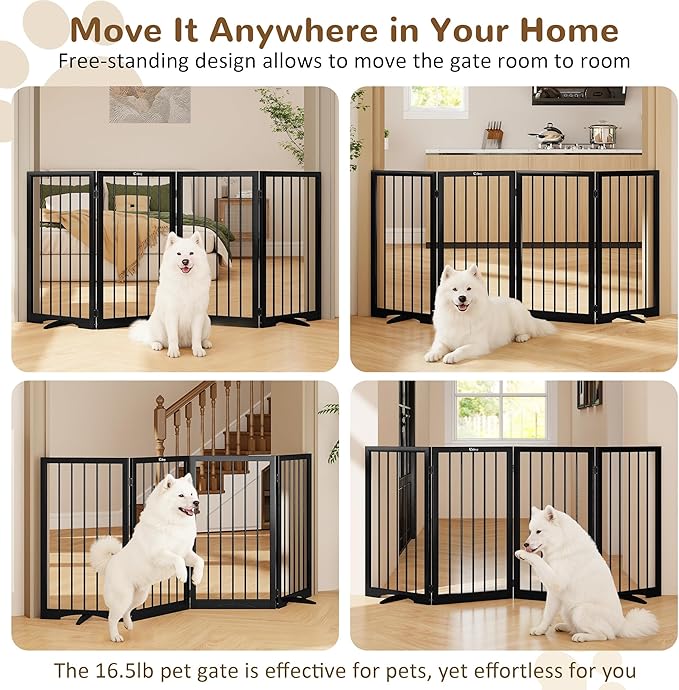 32" Extra Tall Freestanding Dog Gate, Foldable Pet Gate for Doorways Stairs Hallways, 4-Panel Dog Fence with Support Feet for Stability, Folding Puppy Gate Easy to Carry No Drilling 72"x32"