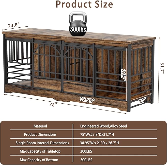 COZPAW 78 Inch Double Dog Crate Furniture, Extra Large Dog Kennel Indoor for 2 Dogs, Heavy Duty Dog Cage with Divider, Wooden Dog House Decorative Table TV Stand for XLarge Dogs (Cognac Brown)