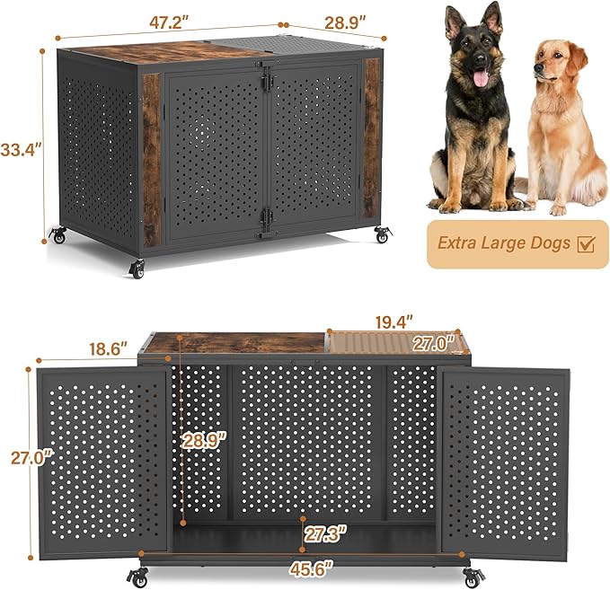 48" Heavy Duty Dog Crate Furniture for Extra Large Dogs, Enclosed Design with 0.5 inch Holes, Indestructible Metal Kennel for High Anxiety Dogs, Chew Proof Pet Cage House Indoor, Brown
