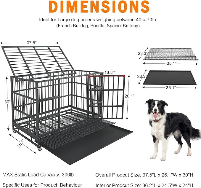 38 Inch Heavy Duty Dog Crate Cage with Wheels, Indestructible and Escape Proof Steel Kennel Indoor for High Anxiety Dogs with Sturdy Locks, Double Door and Tray, Extra Large XL XXL