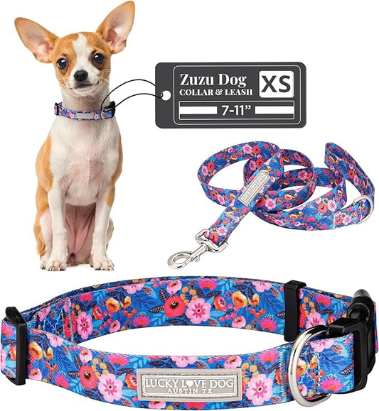 Lucky Love Dog - Adjustable Dog Collar and Leash Set with Easy Click Buckle for Small Dogs, Durable, & Comfortable Collar for Male & Female Dogs, Puppies & Adult Dogs - Zuzu, XS