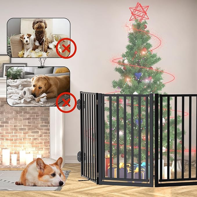 Free Standing Dog Gates with Door 36" Tall Use for Indoor Outdoor Stairs, Freestanding Dog Fence for Doorways Extra Wide, Metal Black 6 Panels