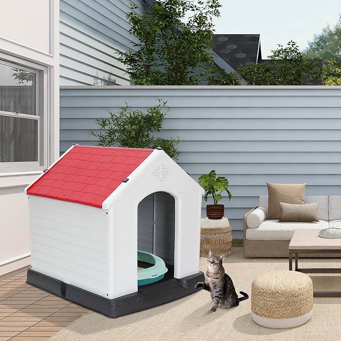 Large Plastic Dog House Indoor Outdoor Doghouse Dog Kennel Easy to Assemble Puppy Shelter with Air Vents Elevated Floor Waterproof Red