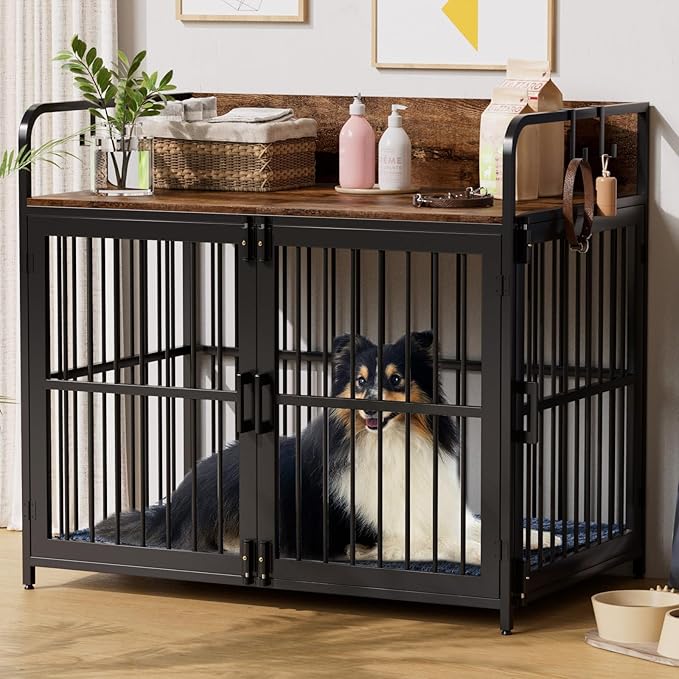 Large Dog Crate Furniture for Dogs, Wooden Decorative Heavy Duty Indoor Dog Kennel with Double Doors for Medium Small Breed, Pet House Dog Cage with Side End Table